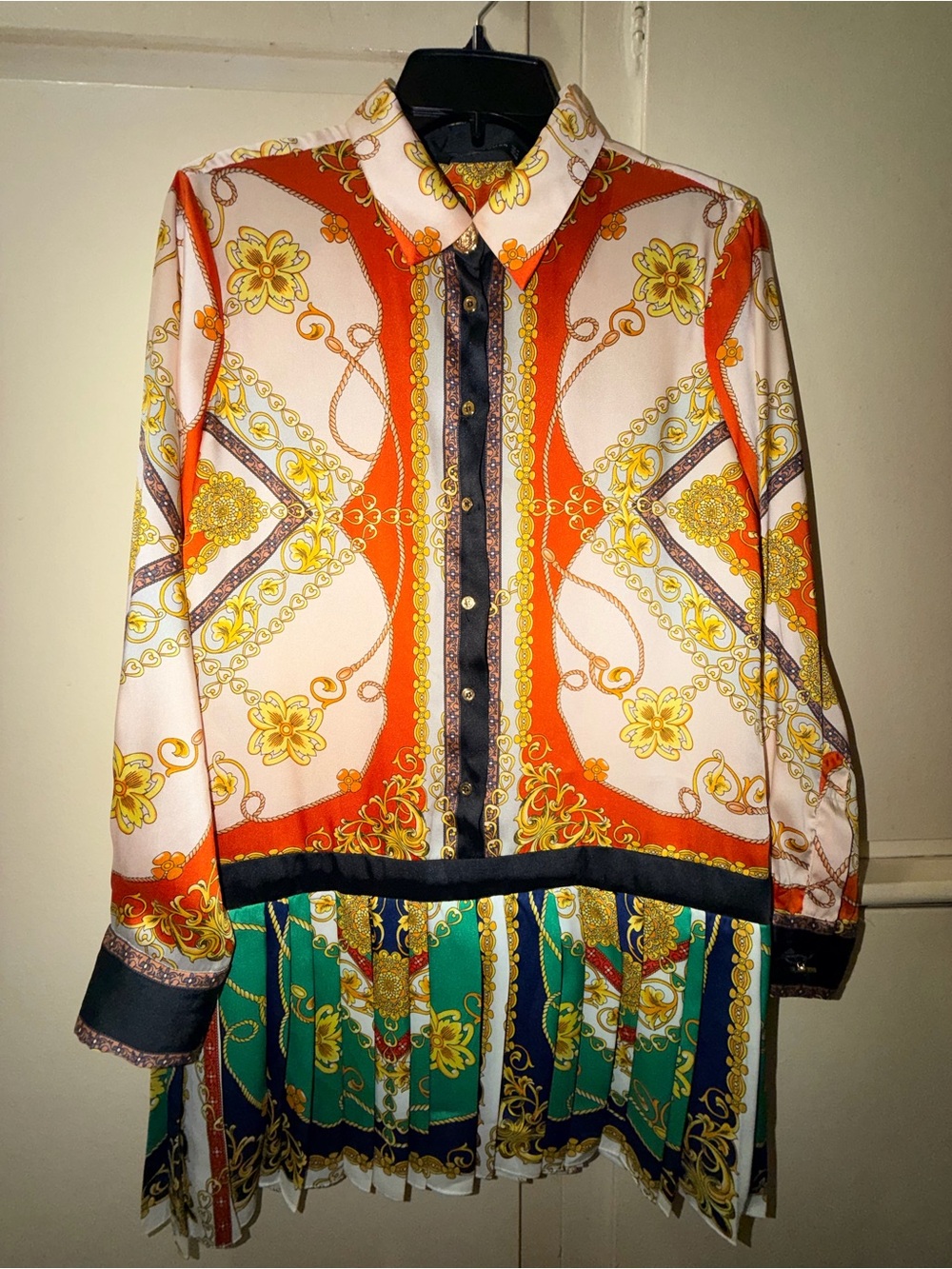 Women’s Baroque Scarf Print Pleated Shirt Dress Long Sleeve